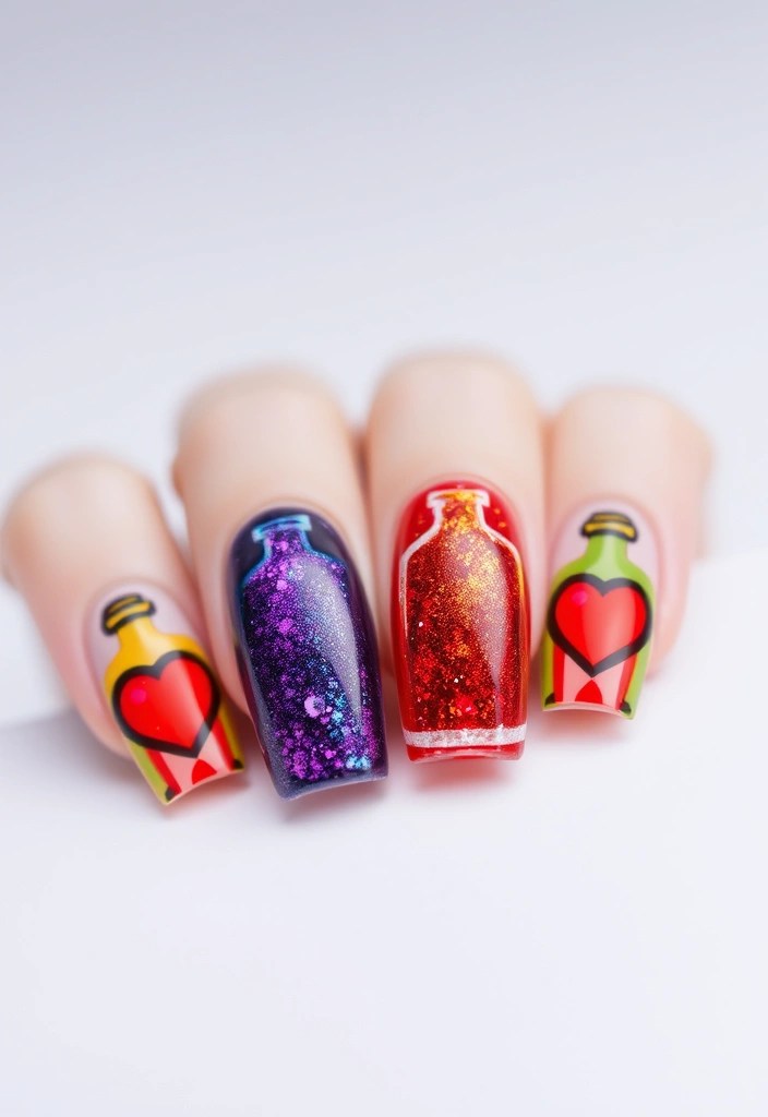 20 Cute Valentine's Day Nail Designs You Can DIY at Home (You'll Want to Show Off #12!) - 12. Love Potion Bottles (You'll Want to Show Off!)