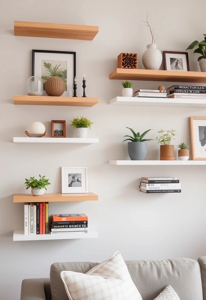 20 Stunning Budget Minimalist Decor Ideas for Your Living Room (Wait Until You See #12!) - 1. Floating Shelves for Displaying Essentials